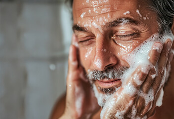 Adult man washing his face, transparent background, photo for advertising, skin care