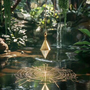 An artistic and spiritual representation of a pendulum suspended above a detailed dowsing chart, gently glowing with mystical energy