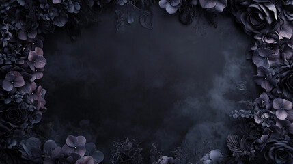Dark floral frame with moody purple and black blossoms, surrounded by soft mist on a textured black background, ideal for gothic wedding invitations, luxury branding, or elegant event backdrops
