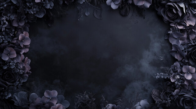 Dark floral frame with moody purple and black blossoms, surrounded by soft mist on a textured black background, ideal for gothic wedding invitations, luxury branding, or elegant event backdrops