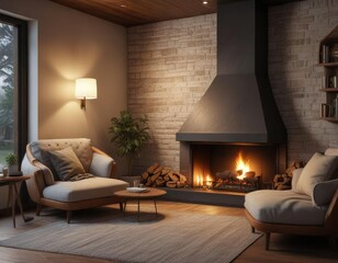 Fototapeta premium Cozy reading nook with a fireplace and comfortable seating, soft cushions, plush rugs, cozy atmosphere