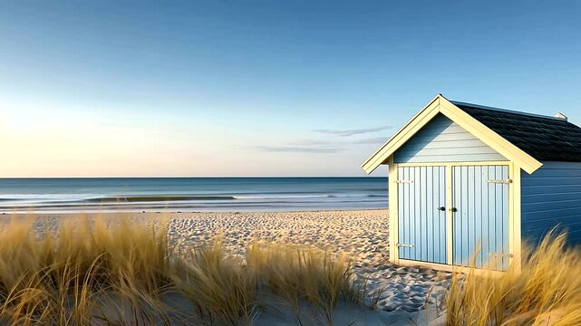 Beach Cabins by North Sea with Soft Blue and Ecru Colors