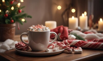 Fototapeta premium Cozy wintery scene featuring a cup of hot chocolate with marshmallows and candy canes on a side table, holiday, winter wonderland