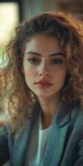 Naklejka premium Contemplative Woman in Blurred Cafe