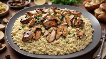 Obraz premium Creamy risotto with saut?ed mushrooms and chicken , mushroom risotto, rich