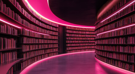 Curved bookshelves filled with books are illuminated by vibrant pink neon lights, creating a unique atmosphere in an innovative library space. The modern design invites exploration.