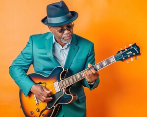 Blues Guitarist Portrait with Guitar for Music Poster Design and Promotion
