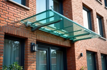 Modern brick apartment building features transparent glass awning over front door. Contemporary design element offers protection from sun, rain. Urban residential property with stylish entrance.