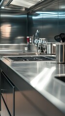 Obraz premium Sleek Modern Stainless Steel Commercial Kitchen Interior Design