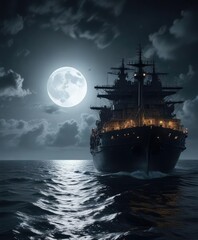 Fototapeta premium Dark cargo ship sails across the moonlit ocean, dark ocean, shipping at night, maritime traffic