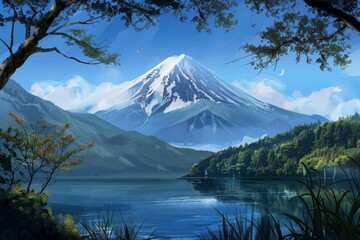 Obraz premium Serene landscape featuring mount fuji majestically reflected in a calm lake, surrounded by vibrant foliage, with a crescent moon adding a touch of magic to the tranquil scene
