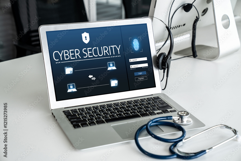 Poster cyber security system on computer screen protect private information snugly from hacker and cyber at