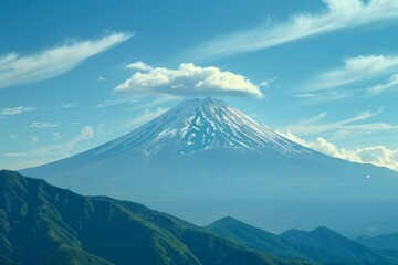Mount fuji stands tall and majestic, its snow capped peak piercing through the clouds above a vibrant green landscape