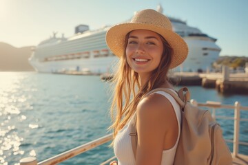 a woman in a hat and white shirt standing on a dock with a cruise ship in the background