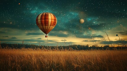 Obraz premium Hot Air Balloon Soaring Under a Starry Night Sky