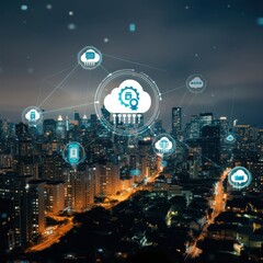 Fototapeta premium Futuristic cityscape, night skyline, glowing digital icons, holographic data, smart city concept, floating technology symbols, interconnected network, cyberpunk aesthetics, neon blue accents, skyscrap