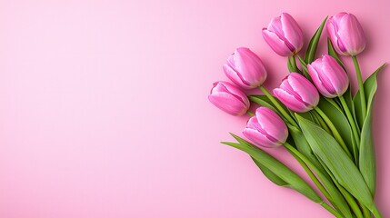 Obraz premium Bunch of pink tulips arranged on a soft pink background creating a serene floral composition