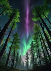 Obraz premium Dense forest with towering trees and aurora borealis lights, mystical atmosphere, towering trees