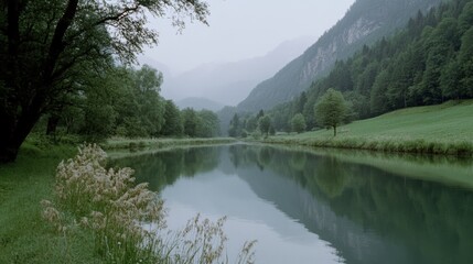Obraz premium A serene river meanders through a lush mountain valley under a moody, misty sky, evoking peace.
