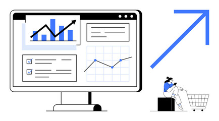 Obraz premium Computer screen displaying graphs, charts, and checklists next to a large upward arrow. Ideal for data analysis, business growth, marketing trends, performance metrics, financial forecasting