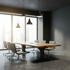 Fototapeta premium Modern industrial office, sleek conference room, large wooden table, ergonomic chairs, hanging black pendant lights, floor-to-ceiling windows, concrete floor, exposed ceiling, minimalist design, urban