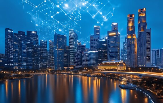 Night cityscape, network overlay, Singapore, digital future