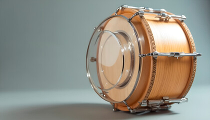 Close-up of a wooden drum with transparent head on gray background