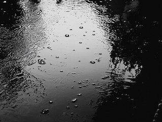 Reflections on a rainy pavement with raindrops