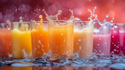 Many glass filled with different flavored juice splashed in water placed in front of multi colored background