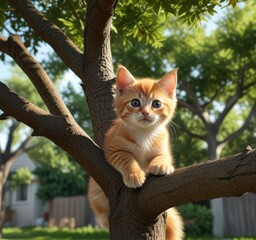 Curious orange kitten climbing a backyard tree, exploring its surroundings,  backyard,  climbing