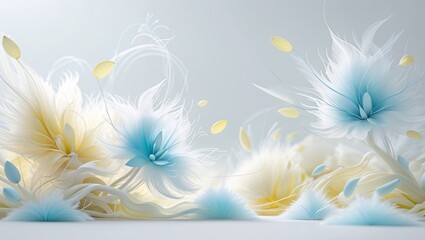 Obraz premium Abstract feathered flowers in pale blue white and yellow on a light background