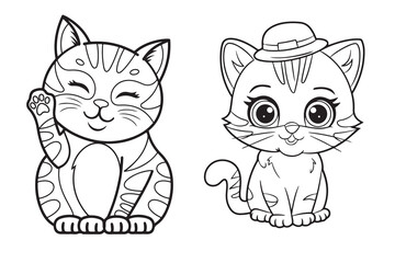 cute cat coloring page,smiling cat outline vector,Cat coloring book page illustration for kids