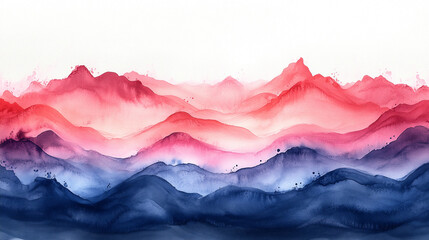 Soft yet Powerful Illustration of Layered Mountains in Vibrant Hues at Sunset