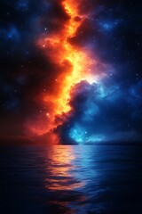 Fiery, celestial column divides night sky, reflected in calm sea.