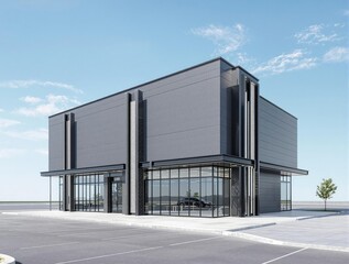 Dark grey concrete shingles with black trim and decorative accents on a modern commercial building, building, grey, commercial
