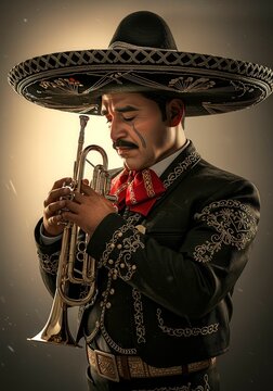 Melancholic Mexican Mariachi Embracing His Trumpet with Emotion