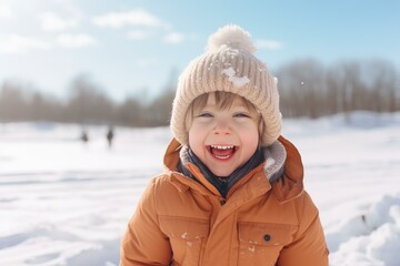 Cheerful toddler is enjoying a sunny winter day in a snowy landscape
