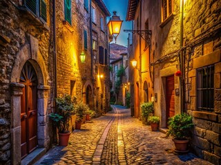 Fototapeta premium Romantic Night in Italy: Narrow Street, Cobblestones, Lamplight