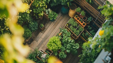 A sustainable urban garden on a rooftop, filled with vegetables and greenery, focusing on local food production, high-angle shot, bright natural lighting 