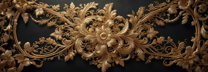 Elegant gold embroidery on a dark abstract background, ornate decoration, golden accents, woven design