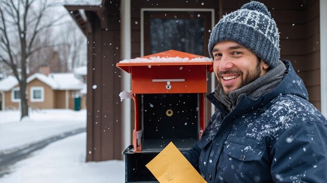 Winter wonderlands bring joy as friendly postal worker delivers cheerful letters amidst falling snowflakes in a cozy neighborhood
