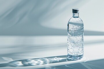 Transparent plastic water bottle with bubbles on a reflective surface and soft light shadows. Studio still life.