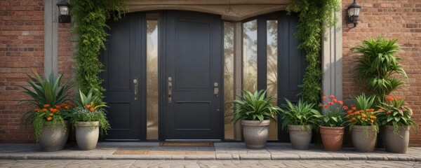 Obraz premium Entrance door adorned with various sizes of potted plants, potted plants, plastic, exterior, white, various sizes