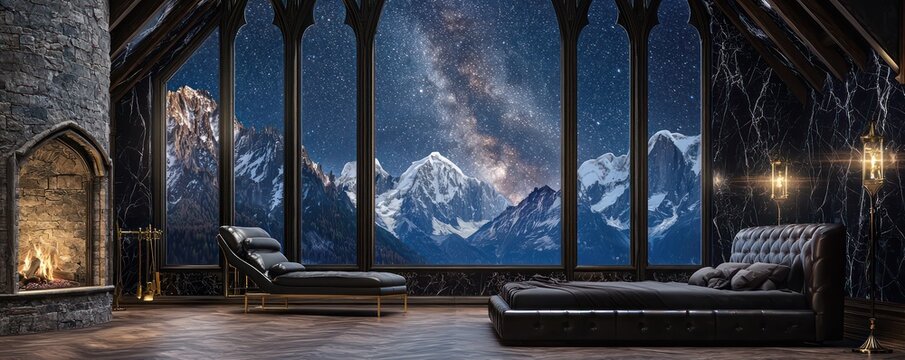 A Gothic-inspired attic bedroom with walls of deep onyx marble and rich mahogany wood floors