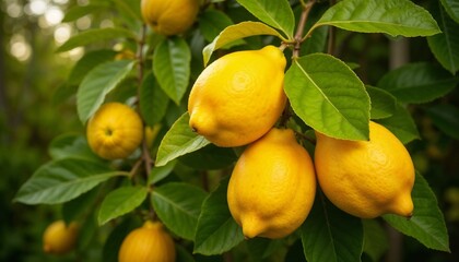 Vibrant Ripe Lemons Hanging on Lush Green Tree Branch with Soft Background