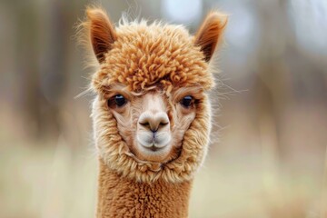 Obraz premium Brown alpaca looking at the viewer in a nature reserve