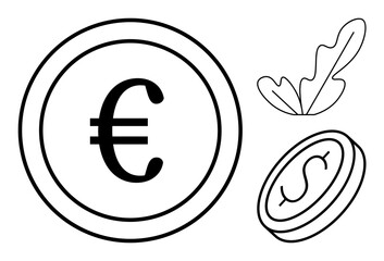 Two coins featuring euro and dollar signs with an abstract leaf design. Ideal for finance, economics, savings, investment, currency exchange, banking, and wealth concepts. Black and white abstract