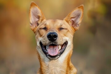 Fototapeta premium Adorable brown dog enjoying a moment of pure happiness, smiling with closed eyes and open mouth