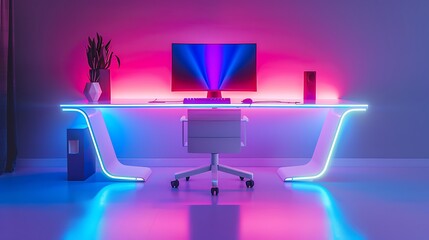 Modern illuminated gaming desk setup with computer and chair