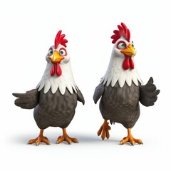 Fototapeta premium Cartoon rooster, stylized farm animal, plump body, colorful feathers, red comb and wattles, expressive eyes, white neck feathers, brown and black plumage, orange feet, 3D rendering, digital art, vibra